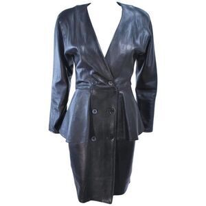 Vakko 100% Black Leather Peplum Pencil Suit Dress 10 Vintage Made in the USA